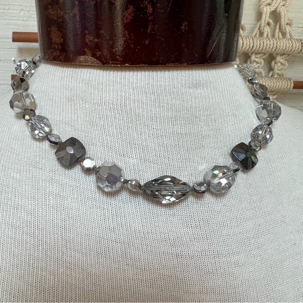 Vintage metallic crystal gunmetal gray and silver tone short beaded necklace